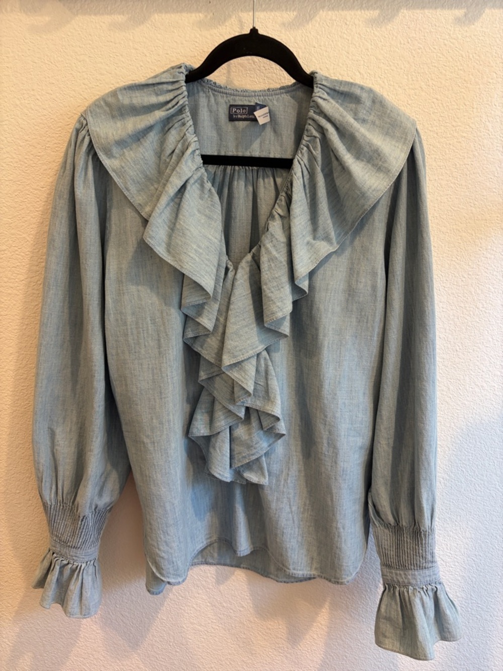 Ralph Lauren Chambray Ruffle Front Peasant Blouse - Pale Blue